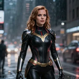 vfx marvel sci-fi woman black super hero robot photo real, city street night lighting, rain and fog by Emmanuel Lubezki