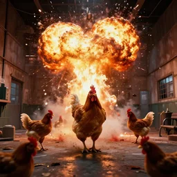 dramatic synthwave scene of chicken escaping an explosion at the psych ward
