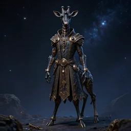 beautiful full body portrait of a human - giraffe hybrid male wizard, scaley!! black onyx skin, wearing a fancy tunic, by wlop and artgerm, steampunk fiction, detailed deep black eyes, space background, trending, on artstation.