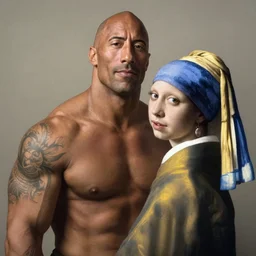 dwayne the rock johnson by Leonardo da Vinci by Vermeer by Rembrandt by Jean-Antoine Watteau by Eugene Delacroix by Claude Monet by Georges Seurat by Vincent van Gogh by Edvard Munch