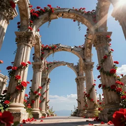 Broken arches leading to the pillars of eternity draped with red flowers and vines, blue sky, lens flare, a sense of mystery, cinematic, ultra detailed, tarot card, artstation, 8K,-W 768