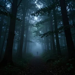 forest at night, fog, volumetric lighting, creepy