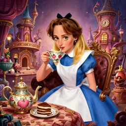whimsical pixar Johnny Depp drinking tea in alice in wonderland Willy Wonka's Chocolate Factory, Illustration, Colorful, insanely detailed and intricate, super detailed, by Lulu Chen