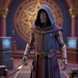 cinema 4 d colorful render, crt, coded humanoid, hooded robbed ceremony, ethernet cable, extremely detailed, insanely detailed and intricate, high detail, ordo templi orientis background, depth field, unreal engine, deep focus, movie still, dramatic lighting, by john wayne gacy, 4 k concept art and hyper realism