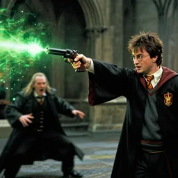 harry potter shooting voldemort with a gun, the gun shoots a green magic flare, voldemory is flabbergasted, ultra realistic, motion blur