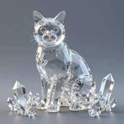 slightly transparent Statue of a Cat made out of crystal, alot of big crystals pyramids , still photography, ray tracing, reflection, 3D Model, Unreal Engine 5, 4k Image