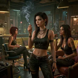 beautiful women in the interior of a cynerpunk apartment, by Greg Rutkowski, 3d scene, render, ultra realistic, ray tracing, volumetric light, smoking cigarettes, artstation, cgsociety, level design, unreal engine, 3d scene, zenith view