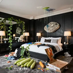 courgettes in a chaotic luxury hotel bedroom, art supplies, clothes, vines, empty pizza boxes, a large stone sculpture, paint dripping from ceiling, black walls
