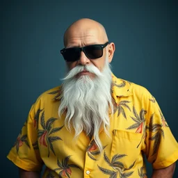 upper body portrait of an old skinny ripped bald man with long white mustache and long white beard, in sunglasses and oversized yellow hawaiian shirt, shorts