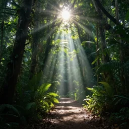 A jungle path light rays beaming down from the canopy far above, 8k, lens flare