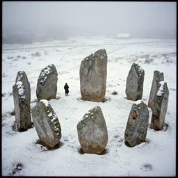a pin - hole photograph of neolithic standing stones, by joel peter witkin and henry ossawa tanner and rembrandt, high angle, grainy, snow, highly detailed, gloomy and foggy atmosphere, octane render, bleach bypass, cinematic lighting, photographic emulsion cracked and peeling, tri - x, 8 k, hd
