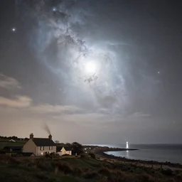 a beautiful double exposure of the astronomy picture of the day, nebula, with a rural seaside village landscape at night, soft white light, muted, neutral light, light blue tones, chimney smoke, distant lighthouse, long exposure clouds