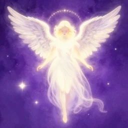 stunning drawing of an angel, glowing light, purple background