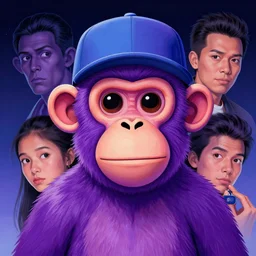a frontal portait drawing of a purple monkey with a cap by inio, beeple and james jean, aya takano color style, trippy, 8 k, super detailed, night sky, digital art, digital painting, clean