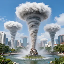 multiple water tornadoes in the city, ultra realistic, photorealistic, highly detailed, sharp focus, vivid, colorful