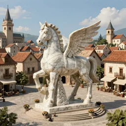 Gigantic marble statue of a Pegasus located at the main square of a medieval village. Fantasy, digital art, HD, 4k, 8k, detailed.