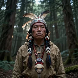 medium shot native american, in a dark forest, mysterious, backlit, still from a pixar dreamworks movie, trending on artstation