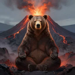A bear with its head lit up meditating inside an active volcano, digital painting, detailed, trending in Artstation