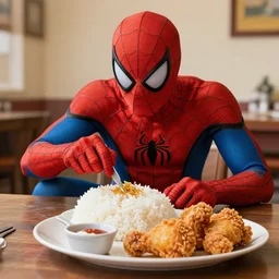 spiderman going eat rice and fried chicken