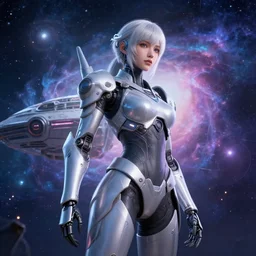 photo of a android girl on a mothership, warframe armor, beautiful face, scifi, nebula, futuristic background, galaxy raytracing, dreamy, sparks of light, long white hair, blue cyborg eyes, glowing, 8 k high definition, insanely detailed, intricate, innocent, art by akihiko yoshida, antilous chao, li zixin, woo kim
