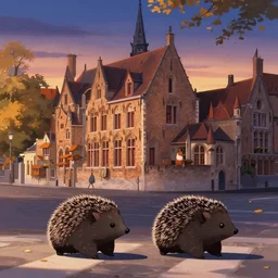 2 hedgehogs walking across the street next to eachother in Bruges, Belgium,  in the style of shinji aramaki, autumn, evening, romantic