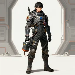 realistic cyberpunk japanese engineer with long limbs and a black spacesuit carrying welder, techwear, dead space, visible face, Industrial Scifi, detailed illustration, character portrait, by Martin Grip and Moebius