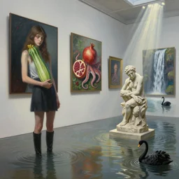 painting of a flooded art gallery with paintings on the wall, emo girl holding a courgette, pomegranates, octopus, waterfall, long black boots, flooded, stone sculpture by rodin, zen, rays of sunlight, black swans, berries, surrealist, by magritte and monet