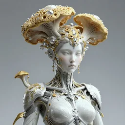 intricate hyper detailed ultra sharp 3 d render of a beautiful porcelain cyberpunk woman portrait, medium shot portrait, subsurface scatter lumiol, unity of mood, white silver armor, haute couture huge fractal gold mycelum and crystal pore fungi embroidered head ornaments, alexandre ferra mecha, leaves stems filigree roots, art nouveau, octane render, volumetric cinematic lighting, 8 k, vray tracing