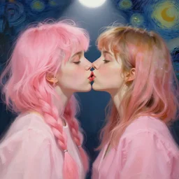 portrait of two beautiful girls kissing, funky clothes, funky hair, intimate, pastel shades of pink, beautiful face, rule of thirds, spotlight, expressive, passionate, by greg rutkowski, by jeremy mann, by francoise nielly, by vincent van gogh, digital painting