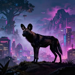 an african wild dog, silhouette against a cyberpunk cityscape, neon, mountains, mist, giant trees, tower blocks, clubs, aircraft, detailed, trending on artstation, unreal engine, superb, vibrant, by paul lehr