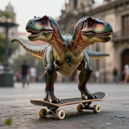 very very intricate photorealistic photo of a trex riding a skateboard through zocalo, photo is in focus with detailed atmospheric lighting, award - winning crisp details