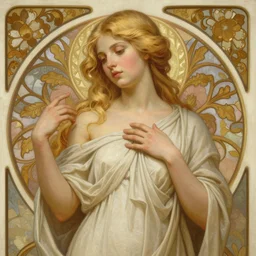painted portrait of a shy wife blessed by god to grow immaculately beautiful and perfect. blonde, clothed holy body, light effect. modern fantasy, high estrogen, fertile, in clothes! highly detailed, intricate, elegant, concept art, digital painting, artstation, smooth, sharp focus, illustration, art by gaston bussiere and alphonse mucha