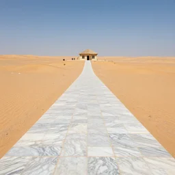 a marble road in the desert leads to a tiny house, tiny house in the distance, 8 k photography, detailed