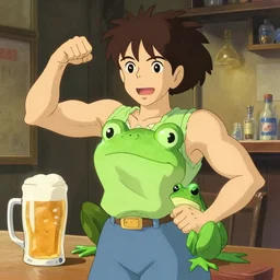💪🍺🐸. cgsociety masterpiece, artstation trending, by rossdraws, ghibli, kimi no na wa, greg rutkowski, simon stalberg, greg manchess
