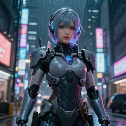 An epic comic hyperrealistic anime painting of a cyber warrrior girl wearing mecha cyber suit, attractive,  ultradetailed face expression trending on artstation and artbreeder, cyberpunk 2077 color, heavy rainning at tokyo street night, neon lights all around, hyper realism, corona render, arnold render, movie concept art, 8k, unreal 5 engine render, cosplay, RPG portrait, final fantasy Vll world concept, dramatic lighting, rim lights, PS5 render quality