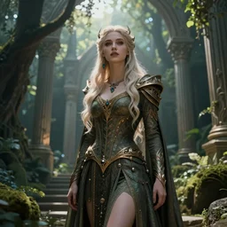 Beautiful art portrait of taylor momsen as a fantasy gothic priestess in a bright temple surrounded by lush forest, atmospheric lighting, intricate detail, cgsociety, hyperrealistic, octane render, RPG portrait, ambient light, dynamic lighting