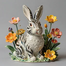 The photograph is a beautiful and playful work that perfectly encapsulates the artist's unique style. The photograph features a rabbit made out of ceramic, which is surrounded by brightly colored flowers. The work is both charming and sophisticated, and it is sure to bring a smile to any viewer's face. mannerism, zebra print by Lucian Freud, by Cory Arcangel hyperdetailed, natural