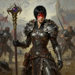 female mage with short black pixie cut, red war paint across her nose, wear fur armor on shoulders with pointed metal gloves, hold magical staff, hip pouch, battlefield with lots of fighting behind, dragon age 2, bioware, character art, by greg rutkowski by greg tocchini by james gilleard, fantasy, oil painting, cinematic