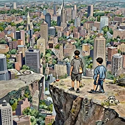 depiction Three inner city boys on the precipice Of a cliff overlooking New York City in the middle of a vast Forest with New York City on the horizon illustration by Ruan Jia and Mandy Jurgens and William-Adolphe Bouguereau, Artgerm, 4k, digital art, surreal, space dandy style, highly detailed, godsend, artstation, digital painting, concept art, smooth, sharp focus, illustration by Ruan Jia and Mandy Jurgens and William-Adolphe Bouguereau