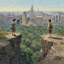 depiction Three inner city boys on the precipice Of a cliff overlooking New York City in the middle of a vast Forest with New York City on the horizon illustration by Ruan Jia and Mandy Jurgens and William-Adolphe Bouguereau, Artgerm, 4k, digital art, surreal, space dandy style, highly detailed, godsend, artstation, digital painting, concept art, smooth, sharp focus, illustration by Ruan Jia and Mandy Jurgens and William-Adolphe Bouguereau