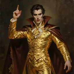 male vampire in dark golden noble clothes in a powerful pose, realistic painting, artstation, cinematic, dramatic lighting