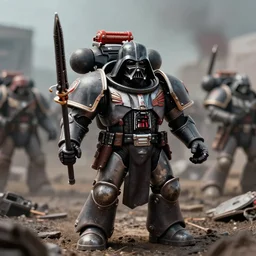 space marine from warhammer 40000 in the style of the meaning of life, realism, against the background of the battlefield, depth of field, focus on darth vader,