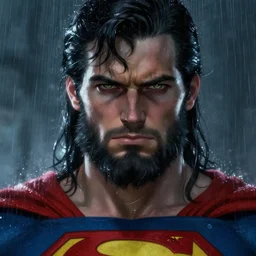 superman with long beard, intense eyes, weary, wet, raining, close up, rim lighting, portrait, sinister atmospheric lighting. highly detailed painting by greg rutkowski, anime style