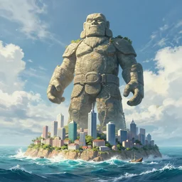stone giant standing in sea protecting small island city with skyscrapers from a tidal wave, low angle, concpet art, digital painting, high detail