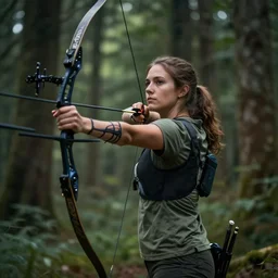 a female archer shooting an arrow in forest, dramatic, hyper realism, trending on artstarion