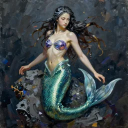 cyberpunk mermaid, oil painting, Tooth Wu, Greg Rutkowski, RPG portrait, dynamic lighting, fantasy art, High contrast, depth of field