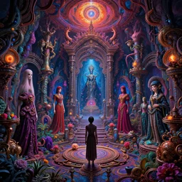 a psychedelic realm at the edge of all known time in the style of h. r. giger and greg rutkowski and amanda sage and junji ito and h. r. giger, lush, chromatic, sumptuous, exquisite, elegant, elaborate, rich, ray traced, global illumination, artstation, in frame