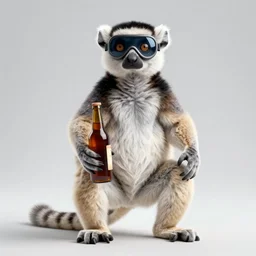 full body portrait of a lemur with welding goggles, holding a bottle, at a taiga, by Pixar, by Ubisoft, digital art, cover art for Nintendo Switch