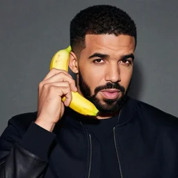 a photograph of drake holding a banana up to his ear