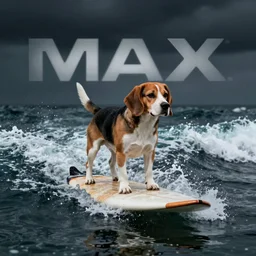 beagle on a surfboard, surfing waves of an ocean, digital art, octane render, imax, trending on artstation, dark mood